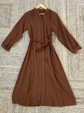 Defacto Modest Artisanal Touch Brown Long Sleeve Tie-Waist Maxi Dress Size 4